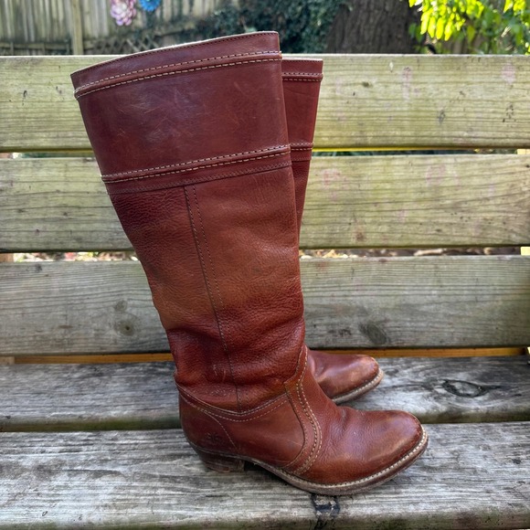 Frye Shoes - Frye Jane Stitch Riding Boots 77230 Redwood Brown Leather Knee High Tall Size 6B